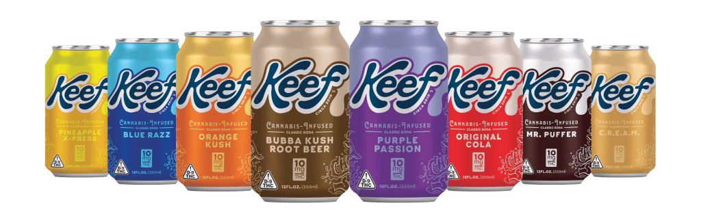 Variety of colorful Keef cannabis-infused beverage cans
