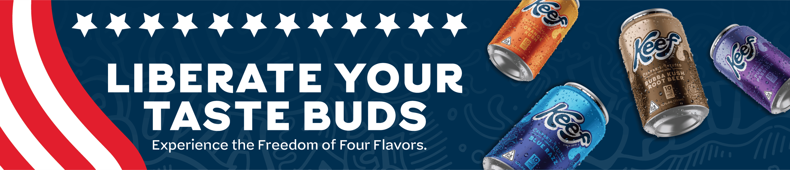 Soda cans floating, "Liberate Your Taste Buds" text