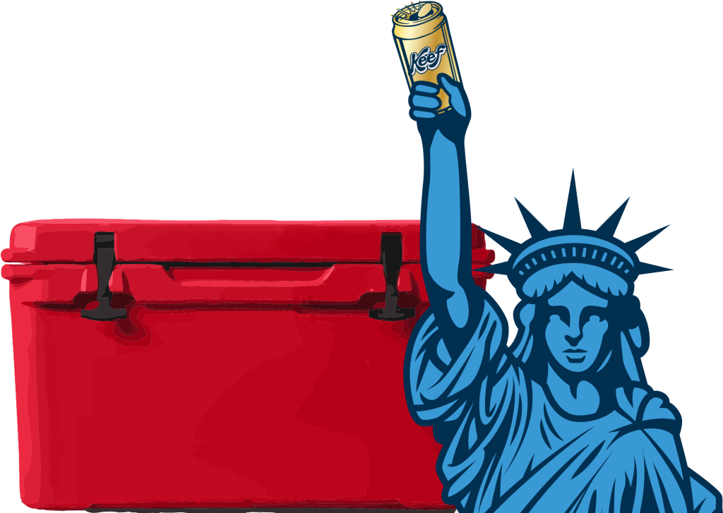 Statue of Liberty holding Keef can, red cooler behind